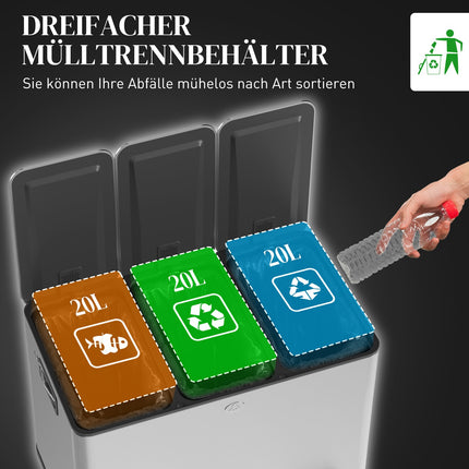 Dreifach-Mülleimer aus Edelstahl, 3 x 20 l