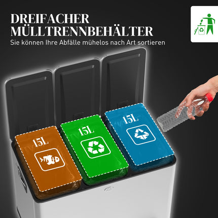 Dreifach-Mülleimer aus Edelstahl, 45L