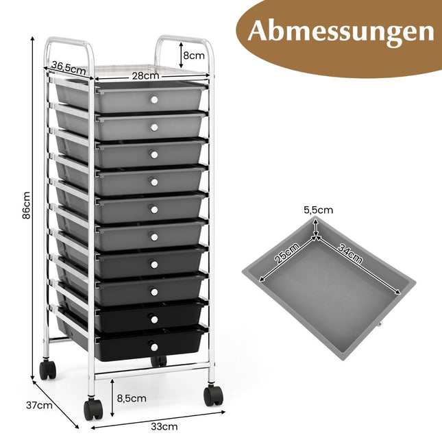 Trolley with 10 stackable drawers, roll container, bathroom trolley, bathroom trolley, bathroom shelf