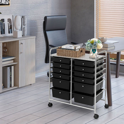 Trolley with 12 stackable drawers & metal frame & shelf black