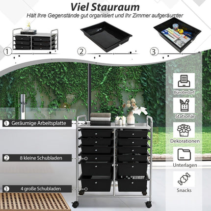 Trolley with 12 stackable drawers & metal frame & shelf black