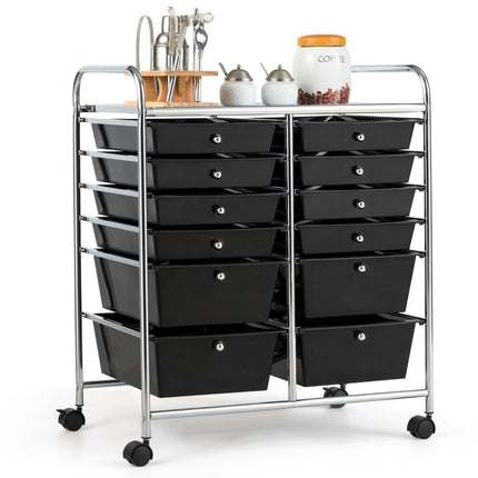 Trolley with 12 stackable drawers & metal frame & shelf black