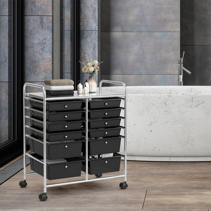 Trolley with 12 stackable drawers & metal frame & shelf black