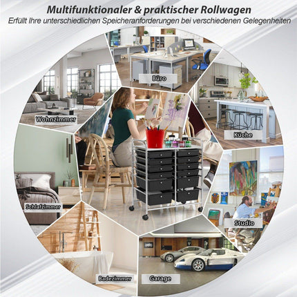 Trolley with 12 stackable drawers & metal frame & shelf black