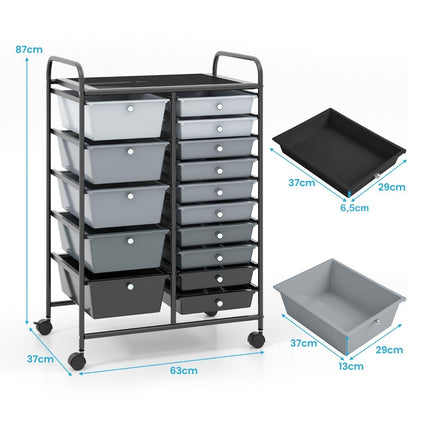 Trolley with 15 stackable drawers Roll container side trolley with 15 drawers Black 62.5 x 37 x 87 cm