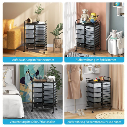 Trolley with 15 stackable drawers Roll container side trolley with 15 drawers Black 62.5 x 37 x 87 cm