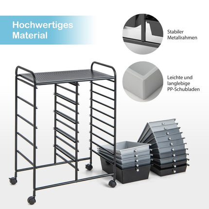 Trolley with 15 stackable drawers Roll container side trolley with 15 drawers Black 62.5 x 37 x 87 cm