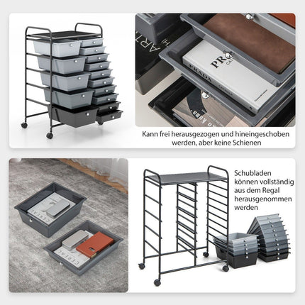 Trolley with 15 stackable drawers Roll container side trolley with 15 drawers Black 62.5 x 37 x 87 cm