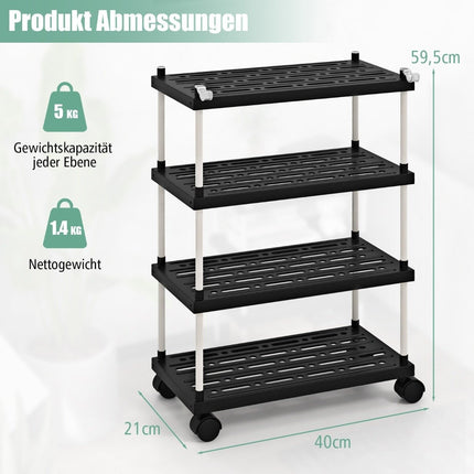 Trolley with 4 levels niche shelf with wheels and side hooks black 40 x 21 x 59.5 cm