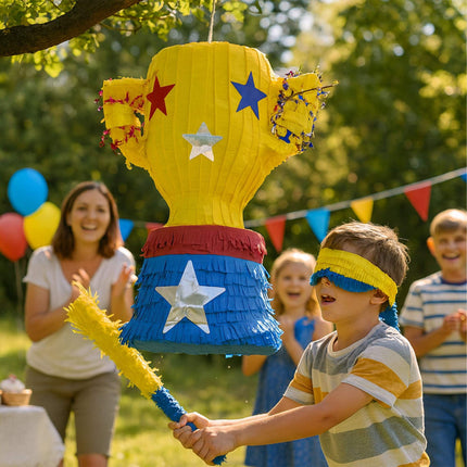 Trophäen-Piñata-Set mit Stock und Augenmaske