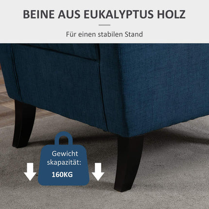 Blauer getufteter Ohrensessel mit Armlehnen, Holzbeine - 160 kg Tragkraft