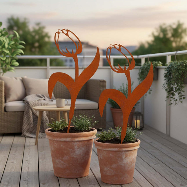 Tulpen-Gartenstecker, 2er-Set – Outdoor-Deko in Rost-Optik