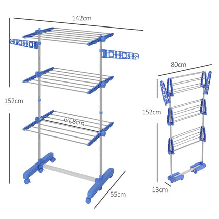 Folding 3-Tier Tumble Dryer with Wheels - Steel Blue