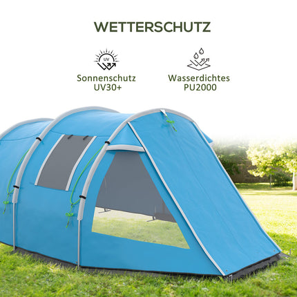 4-Personen-Tunnelzelt - UV-Schutz, 2 Räume, wasserdicht