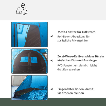 4-Personen-Tunnelzelt - UV-Schutz, 2 Räume, wasserdicht