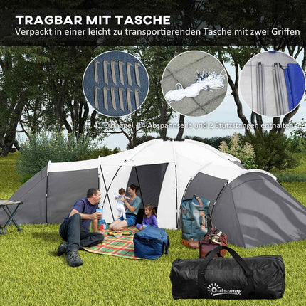 Tente tunnel de camping familiale pour 6 à 9 personnes, 3 chambres, salon, véranda, 2 000 mm, gris Oxford