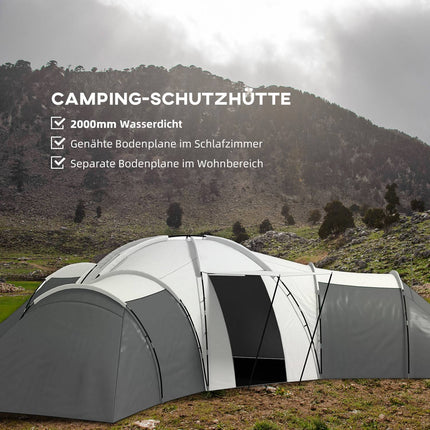 Tente tunnel de camping familiale pour 6 à 9 personnes, 3 chambres, salon, véranda, 2 000 mm, gris Oxford