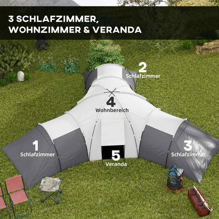 Tente tunnel de camping familiale pour 6 à 9 personnes, 3 chambres, salon, véranda, 2 000 mm, gris Oxford