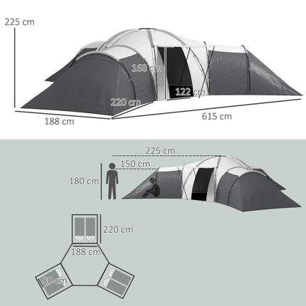 Tente tunnel de camping familiale pour 6 à 9 personnes, 3 chambres, salon, véranda, 2 000 mm, gris Oxford