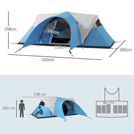Family tunnel tent, water-repellent, 6-person capacity, blue