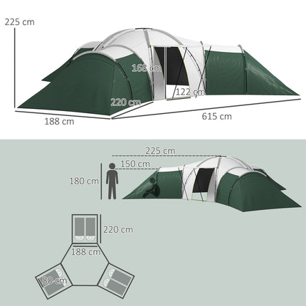 Familien-Tunnelzelt, 6-9 Personen, 3 Schlafkabinen, grün, 2000 mm Wassersäule