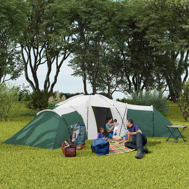 Tunneltent, kampeertent voor 6-9 personen, familietent met 3 slaapkamers, woonkamer, veranda, draagtas, 2000 mm waterbestendig Oxford, voor tuin, groen Aosom