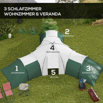 Familien-Tunnelzelt, 6-9 Personen, 3 Schlafkabinen, grün, 2000 mm Wassersäule