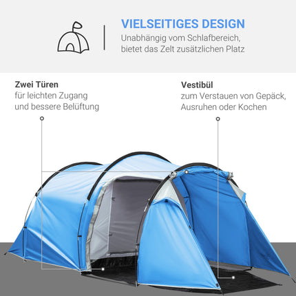 Light blue tunnel camping tent for 2-3 with sticks & fiberglass