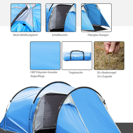 Light blue tunnel camping tent for 2-3 with sticks & fiberglass