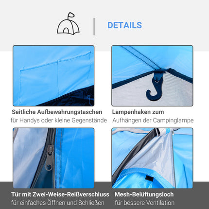 Light blue tunnel camping tent for 2-3 with sticks & fiberglass