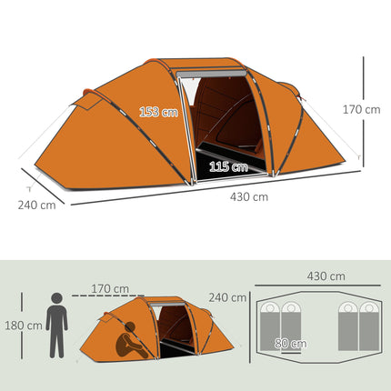 Tunnelzelt für 4-6 Personen, Wasserdicht 2000mm, Orange