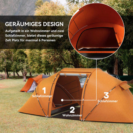 Tunnelzelt für 4-6 Personen, Wasserdicht 2000mm, Orange