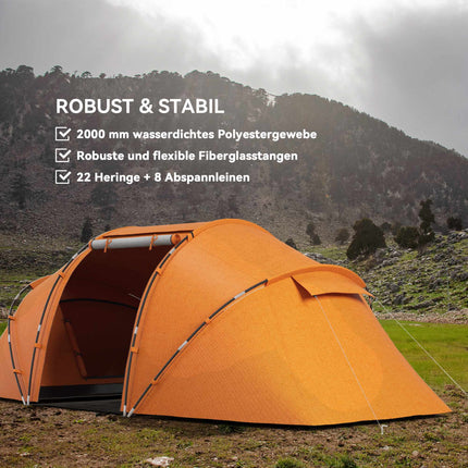 Tunnelzelt für 4-6 Personen, Wasserdicht 2000mm, Orange