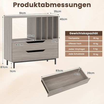 Plattenspielerständer mit 4 Vinylfächern und 2 Schubladen, Grau
