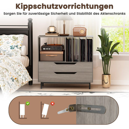 Plattenspielerständer mit 4 Vinylfächern und 2 Schubladen, Grau