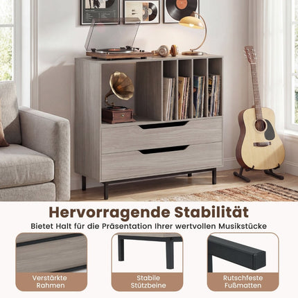 Plattenspielerständer mit 4 Vinylfächern und 2 Schubladen, Grau