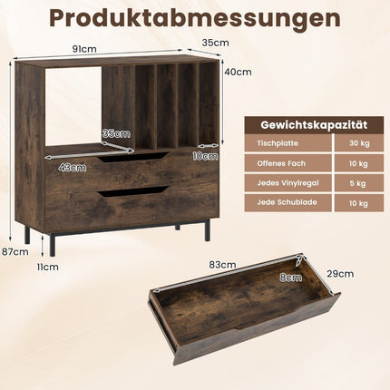 Plattenspielerständer mit 4 Vinyl-Fächern & 2 Schubladen, Rustikales Braun