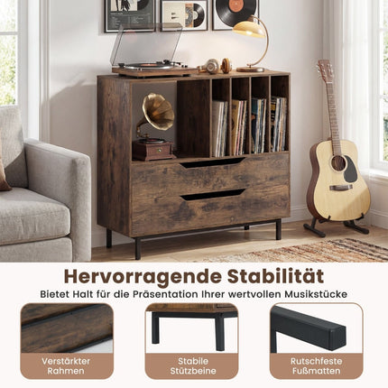 Plattenspielerständer mit 4 Vinyl-Fächern & 2 Schubladen, Rustikales Braun
