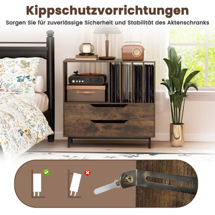 Plattenspielerständer mit 4 Vinyl-Fächern & 2 Schubladen, Rustikales Braun