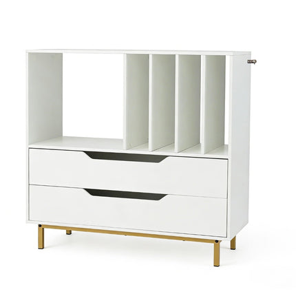 Turntable Stand with 4 Vinyl Slots & 2 Drawers, White