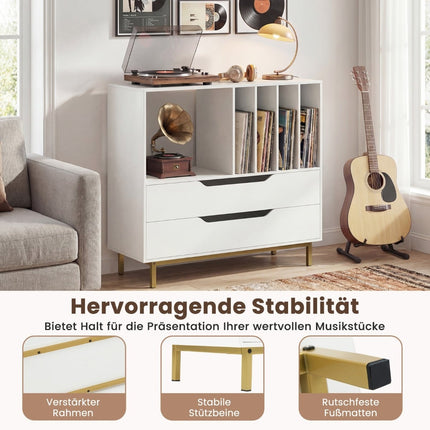 Turntable Stand with 4 Vinyl Slots & 2 Drawers, White
