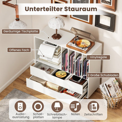 Turntable Stand with 4 Vinyl Slots & 2 Drawers, White