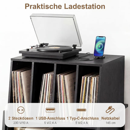 Plattenspieler-Ständer mit Ladestation & Regalen, Schwarz