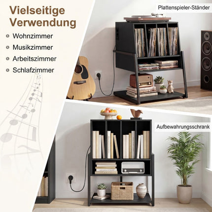 Plattenspieler-Ständer mit Ladestation & Regalen, Schwarz