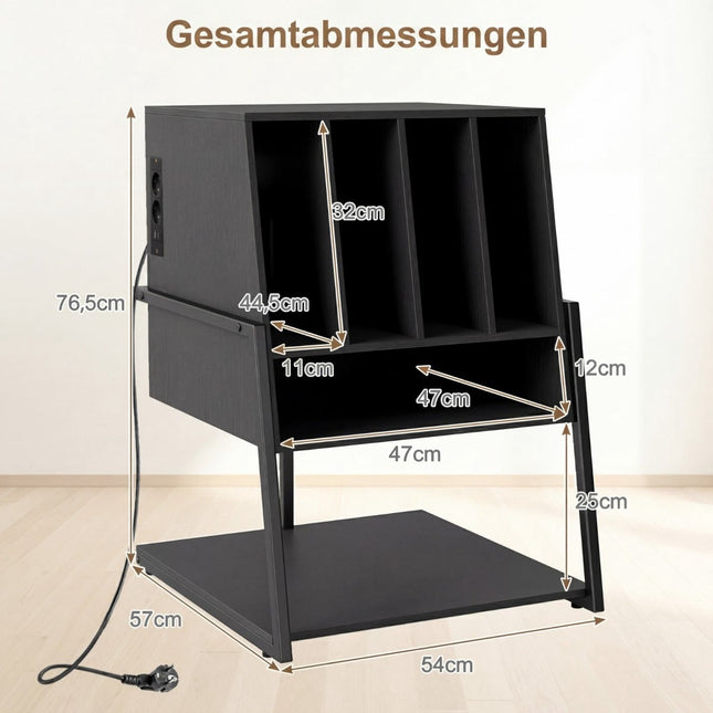 Plattenspieler-Ständer mit Ladestation & Regalen, Schwarz