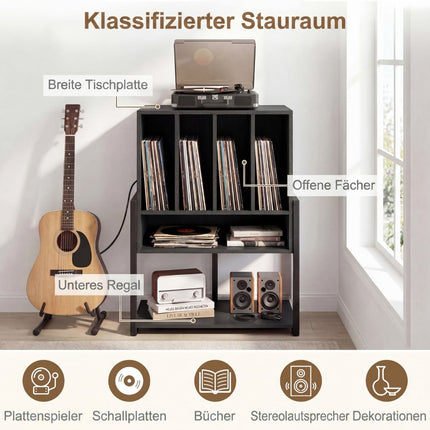 Plattenspieler-Ständer mit Ladestation & Regalen, Schwarz