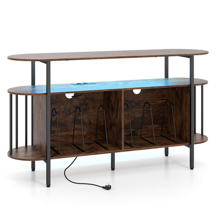 Turntable Stand with LED Lights & Charging Station, Rustic Brown