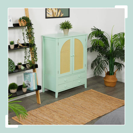 Türkises Rattan-Sideboard – 2 Fächer, 4 Schubladen