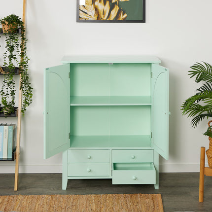 Türkises Rattan-Sideboard – 2 Fächer, 4 Schubladen