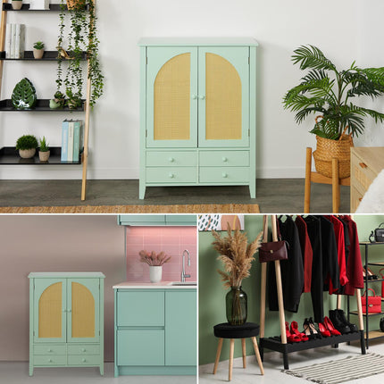 Türkises Rattan-Sideboard – 2 Fächer, 4 Schubladen